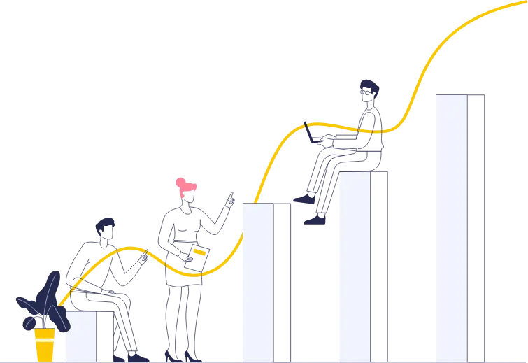 Team members on rising bars tracking upward growth curve